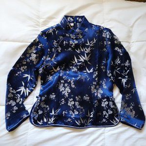 Asian style mandarin collar navy/deep blue and silver satin blouse NWOT